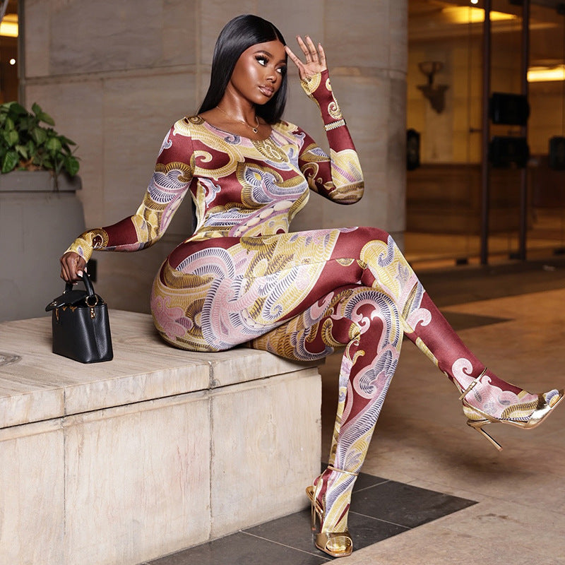 Women’s Printed Jumpsuit – Slim Fit Long Sleeve Crew Neck, Full Length