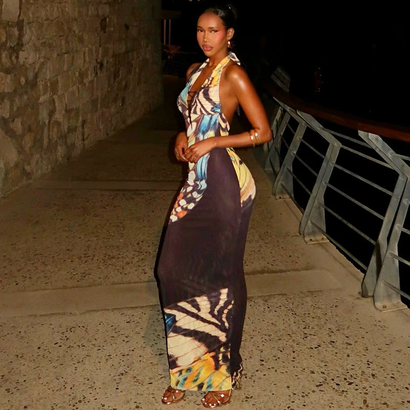 Floral Halter Neck Backless Lace-Up Maxi Dress | Sleeveless Bodycon Vacation Dress | Sizes S-L