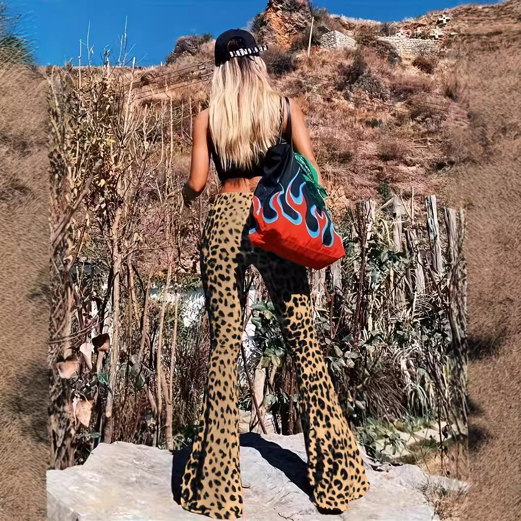 Leopard Print Bell Bottom Pants for Women: High-Waist Skinny Fit Flares