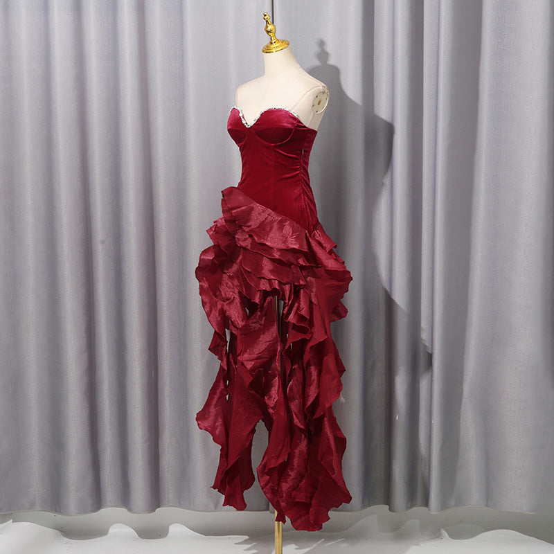 🍷 Ruby Luxe Rhinestone Ruffle High-Low Dress