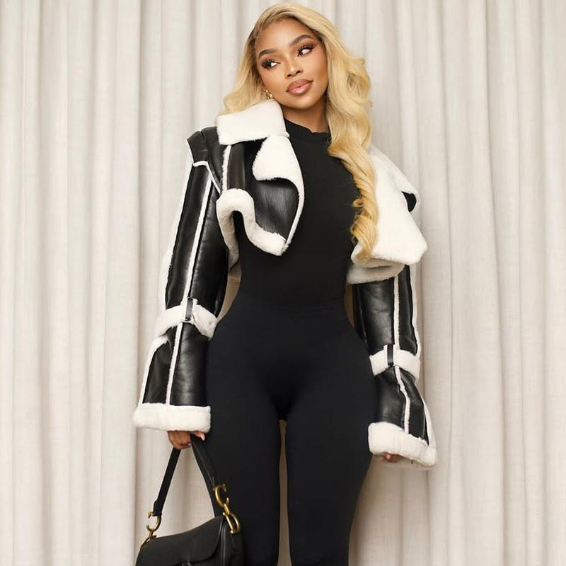 Faux Shearling Color Block Crop Jacket