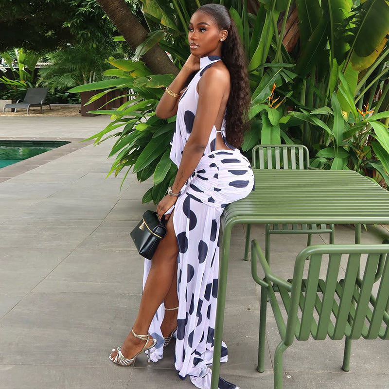 Women’s Polka Dot Backless Maxi Dress – Sleeveless Bodycon Split Dress with Ruched Tie Detail