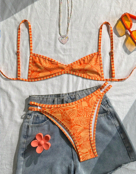 Printed Spaghetti Strap Cutout Bikini Set | Boho Beach Vacation Swimsuit | Orange | Sizes S-XL