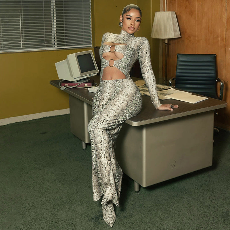 Women’s Snake Print Cutout Maxi Dress – Slim Fit Bodycon Long Sleeve Ring Detail Party Dress