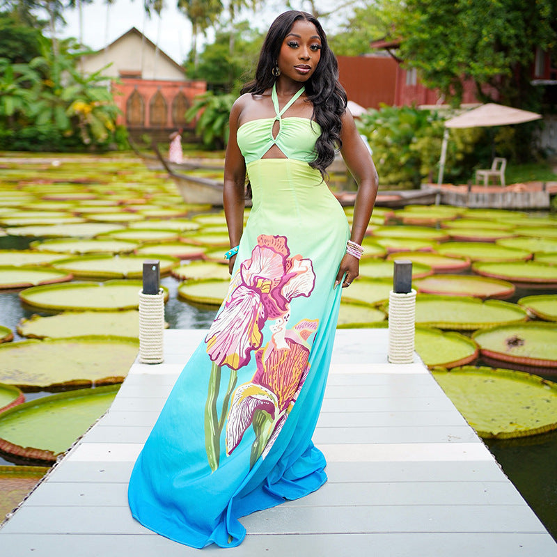 Turquoise Floral Ombre Halter Maxi Dress - Ruched Cutout A-Line Dress