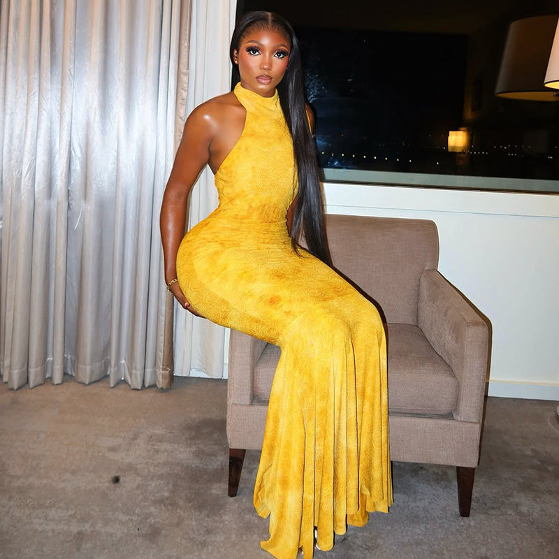Yellow Backless Turtleneck Fishtail Dress: Slim Fit Sheath Maxi Gown