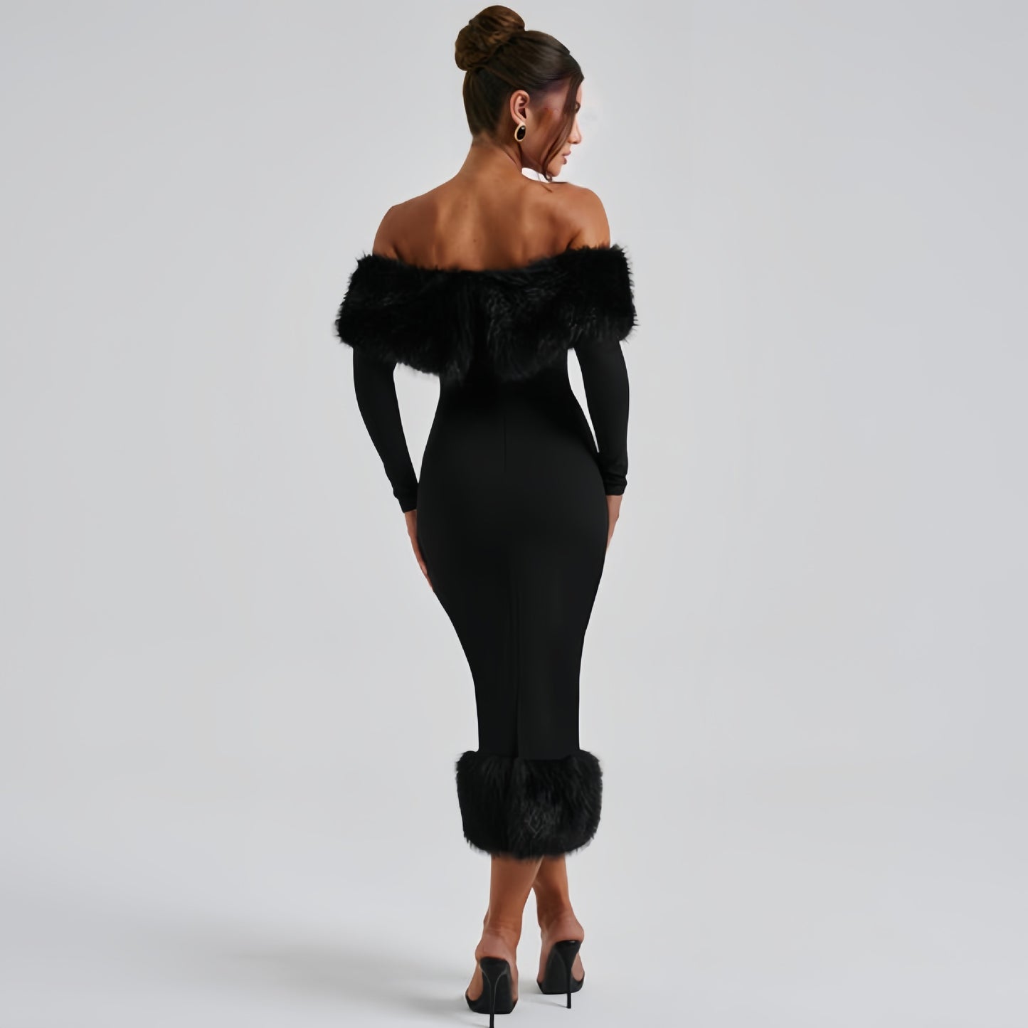 Women’s Off-Shoulder Feather Trim Bodycon Midi Dress – Elegant Formal Evening Dress