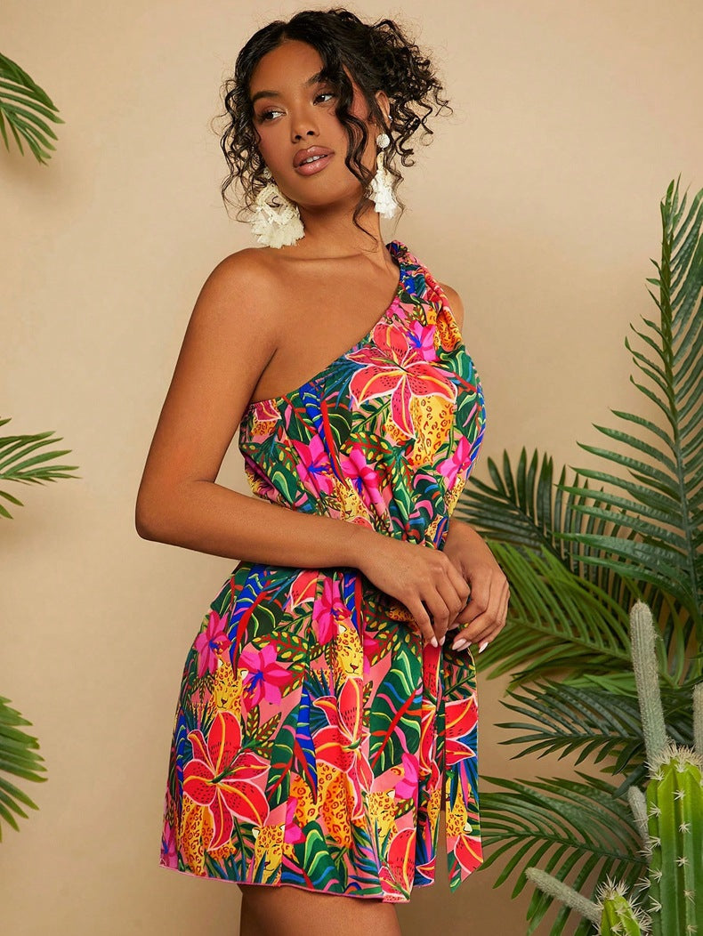 One Shoulder Printed Dress - Asymmetric Belted Mini Dress