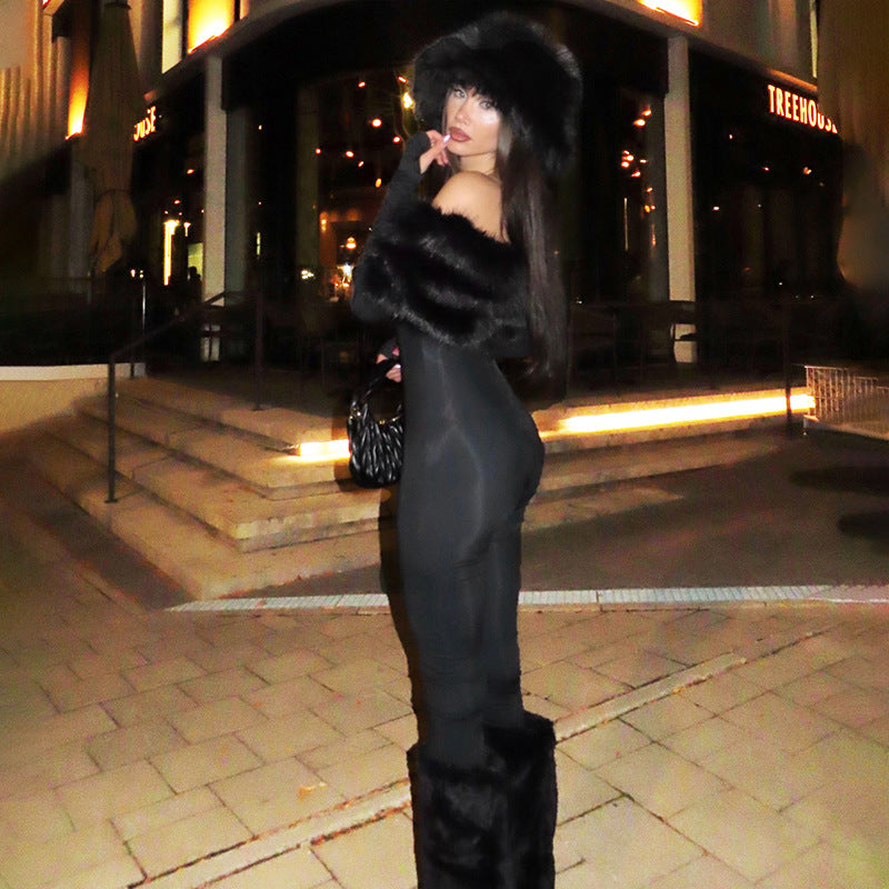 Women’s Off-the-Shoulder Slim Fit Jumpsuit – Long Sleeve Furry Patchwork Full-Length Party Outfit