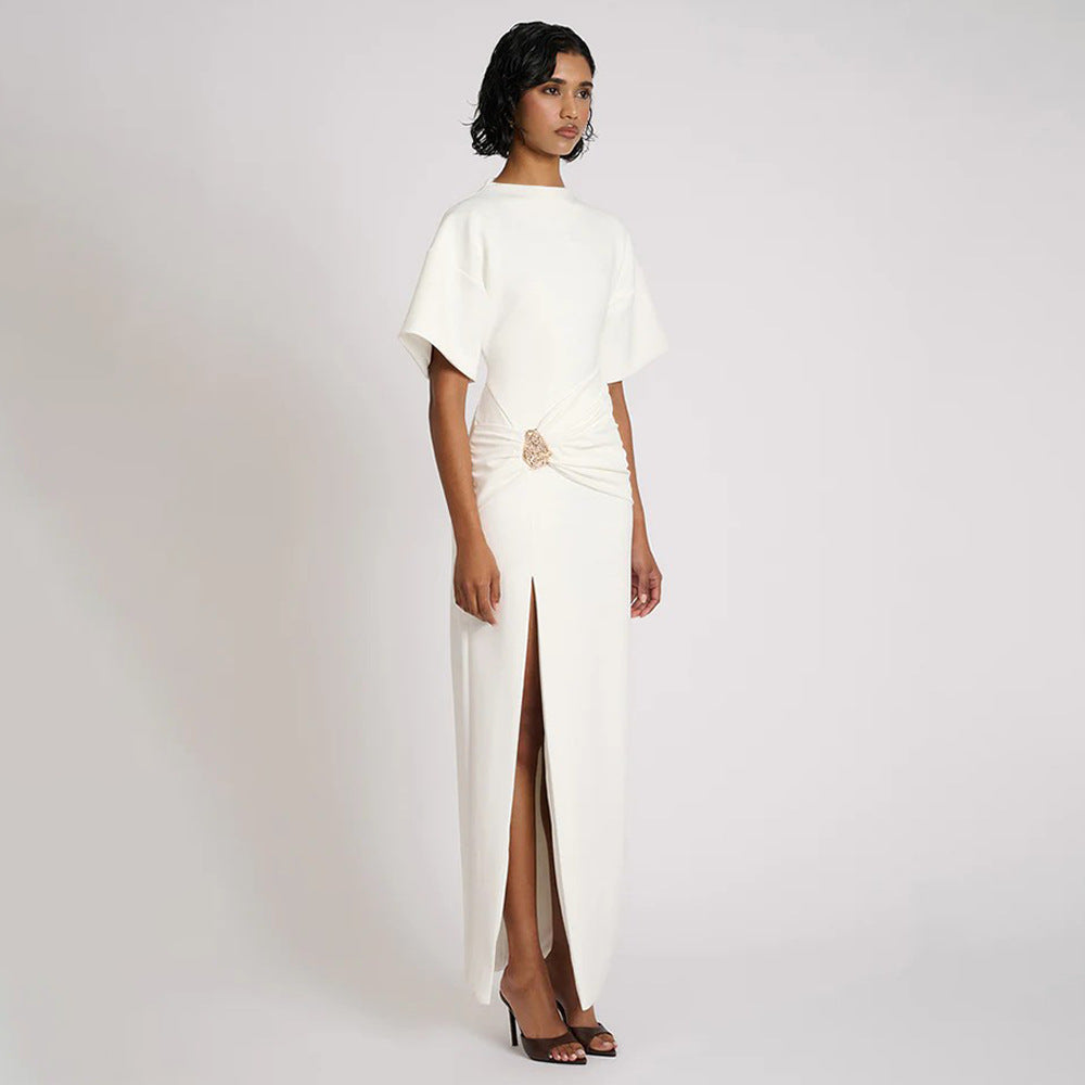 Pleated High Split Maxi Dress: Round Neck Bodycon Slim Fit for Women