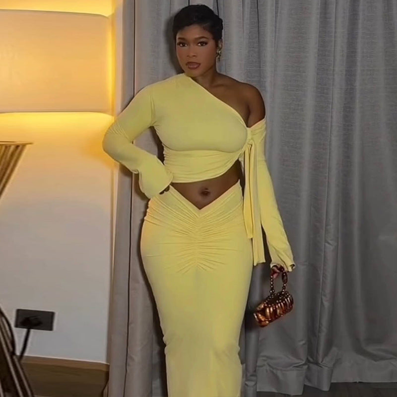 One Shoulder Asymmetric Crop Top & Midi Skirt Set | Ruched Long Sleeve Two-Piece Set | Yellow | Sizes S-L