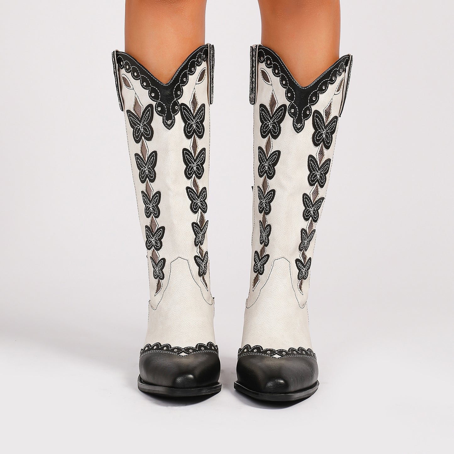 Chunky Heel Butterfly Denim Cowboy Boots