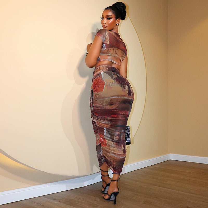 Abstract Print Crop Top & Midi Skirt Set - Short Sleeve Ruched Crew Neck 2-Piece Set