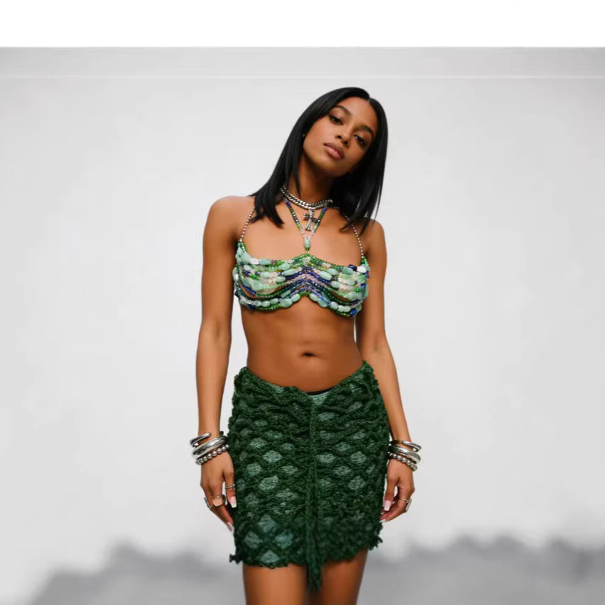 Turquoise Beaded Halter Crop Top - Chain Detail Color Block Festival Top