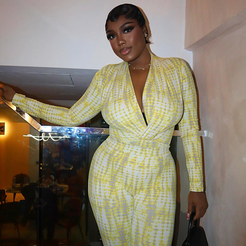 Women’s Yellow & White Printed Pleated Jumpsuit – Slim Fit V-Neck Long Sleeve, Full Length