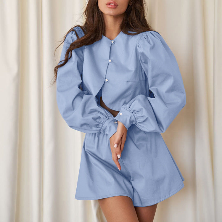 Blue Ruched Cardigan & Shorts Set