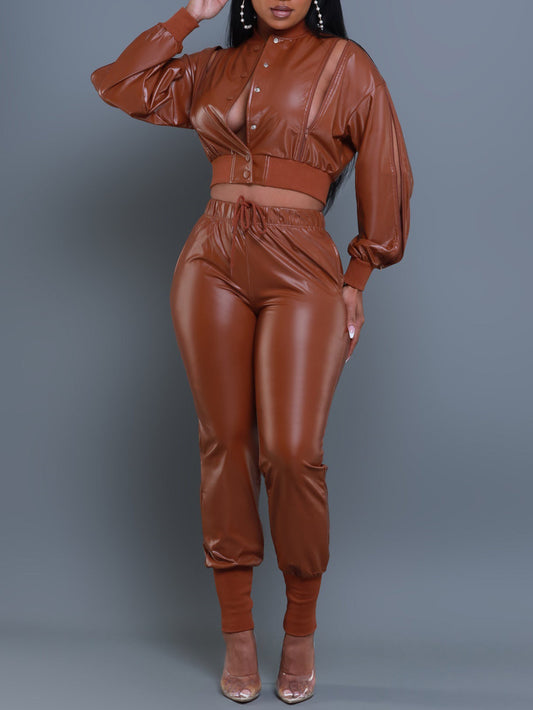 Zippered Faux Leather Two-Piece Outfit