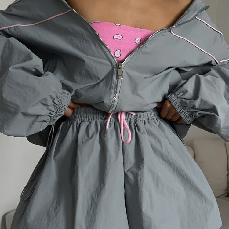 Gray Zip-Up Jacket & Shorts Set - Loose Fit Collared Athleisure 2-Piece Set