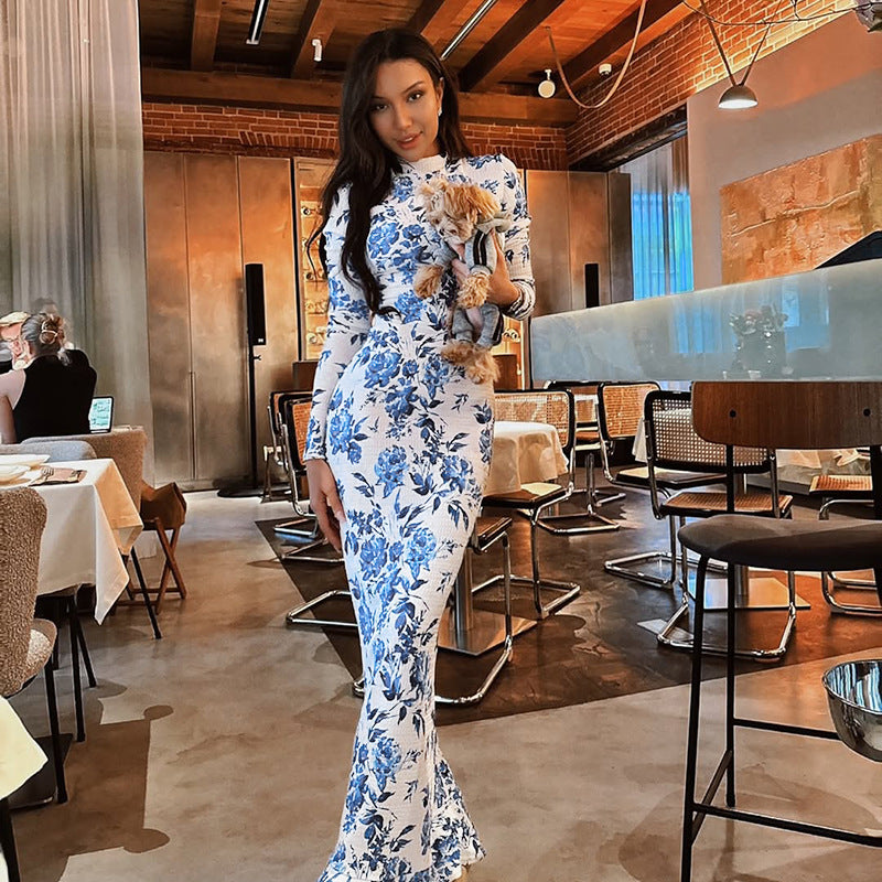 Blue & White Printed Fishtail Dress: Half Turtleneck Long Sleeve Maxi