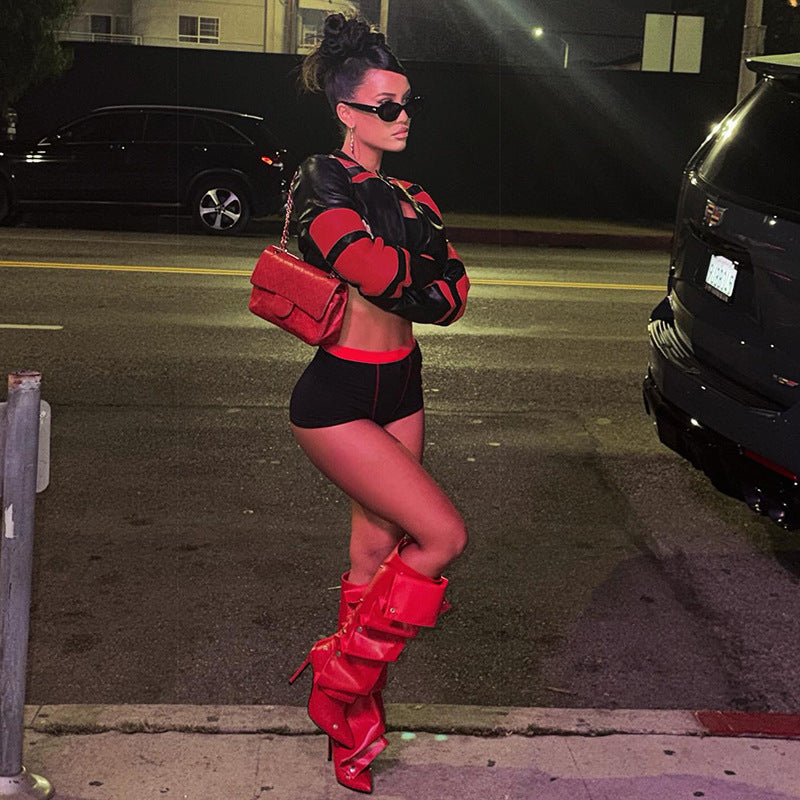 Women’s Cropped Leather Jacket – Slim Fit Zipper Motorcycle Coat, Color Block