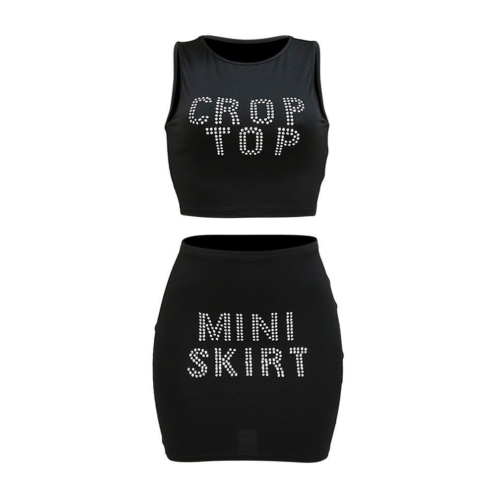 Women’s Sleeveless Crop Top & Mini Skirt Set – Graphic Rhinestone Summer Two-Piece Outfit