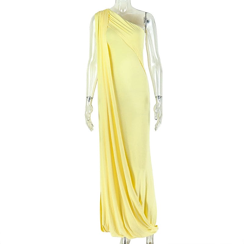 Women's One-Shoulder Ruched Maxi Dress – Asymmetric Sleeveless Bodycon Dress