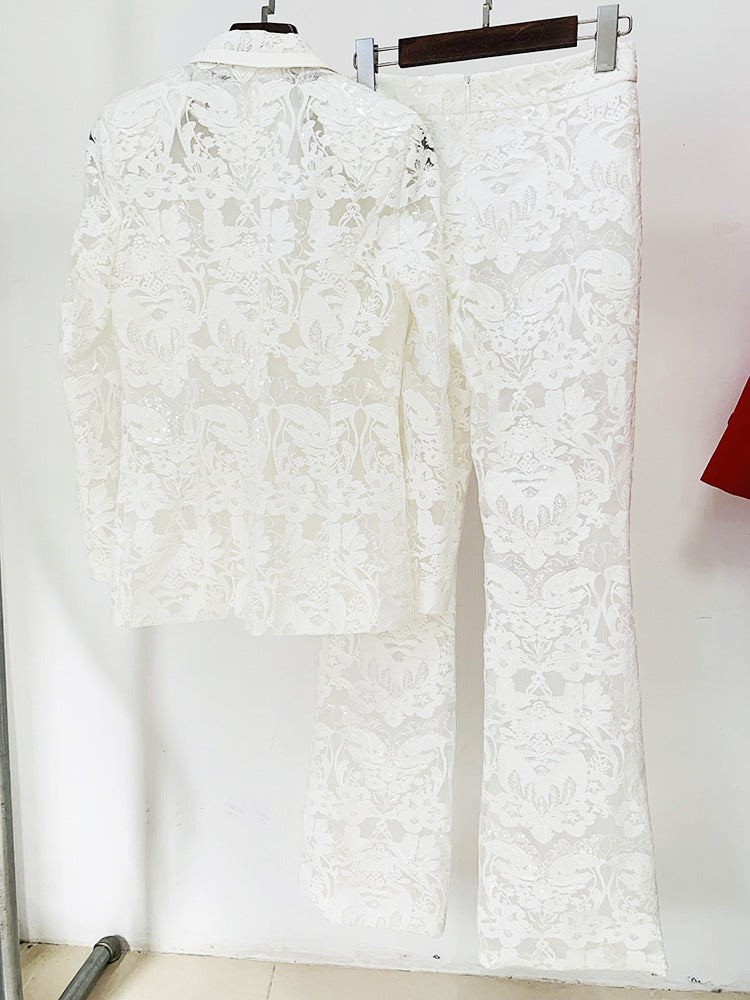 Embroidered Mesh Blazer & Trousers Set