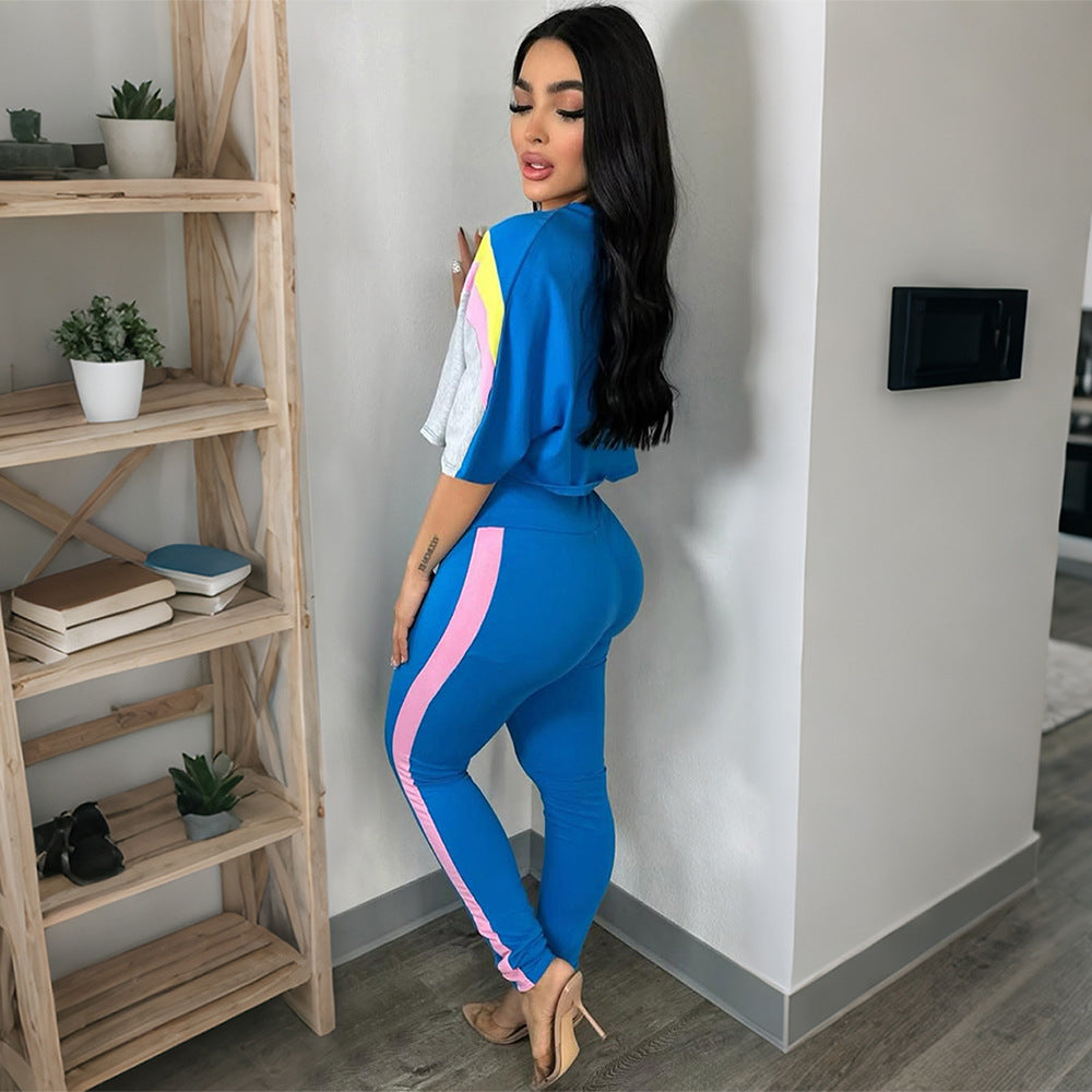 Women's Color Block Two-Piece Set – Crew Neck Top & High Waist Pants
