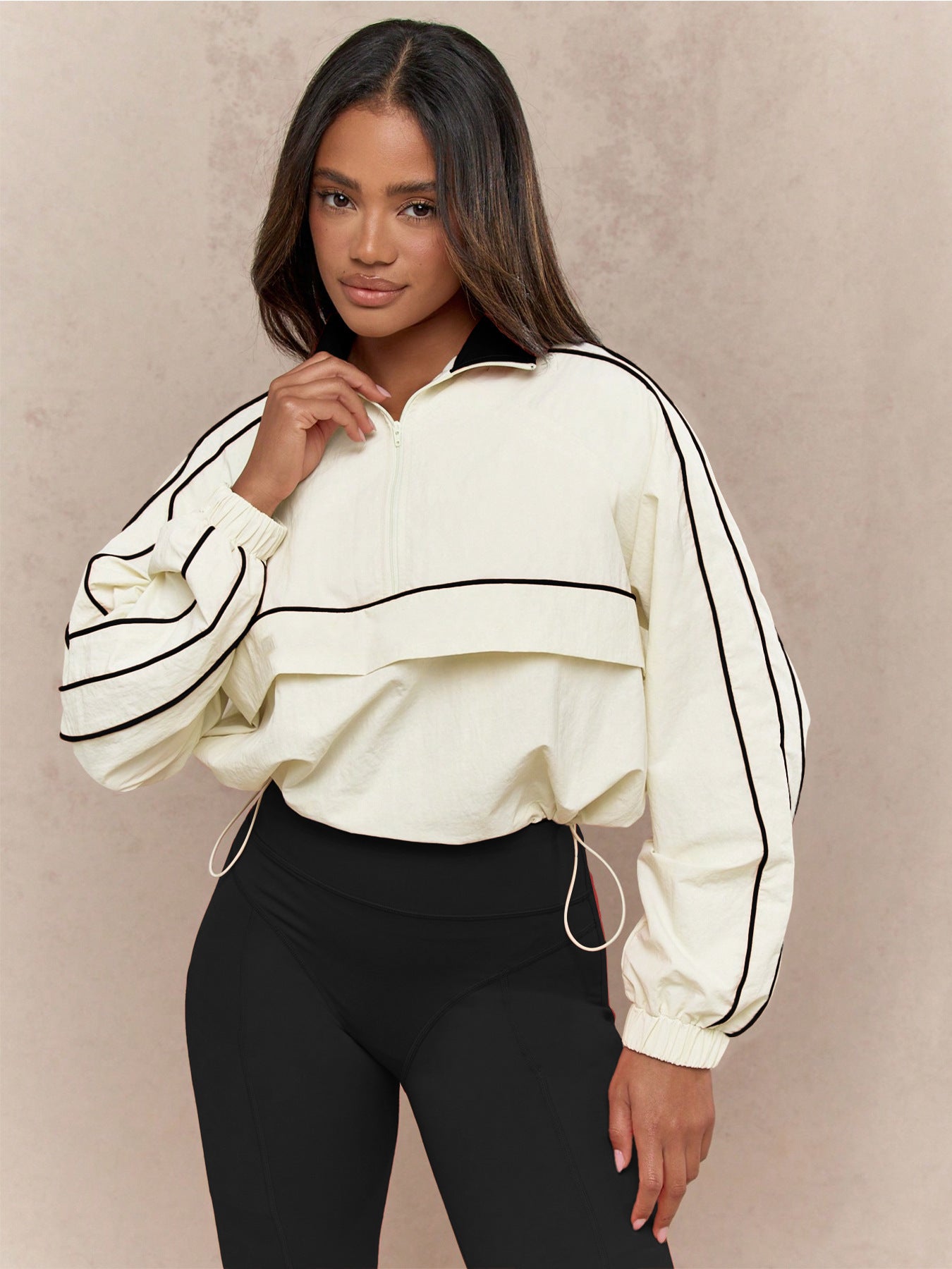 Women’s Color Block Nylon Two-Piece Set – Zip-Up Top and High-Waist Yoga Pants