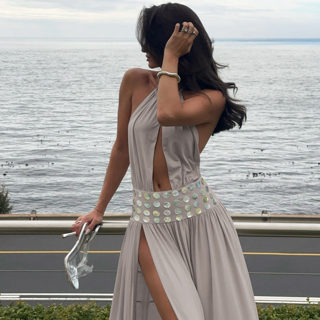 Deep V Halter Maxi Dress - Sequin Backless Cutout Ruched Split Vacation Dress