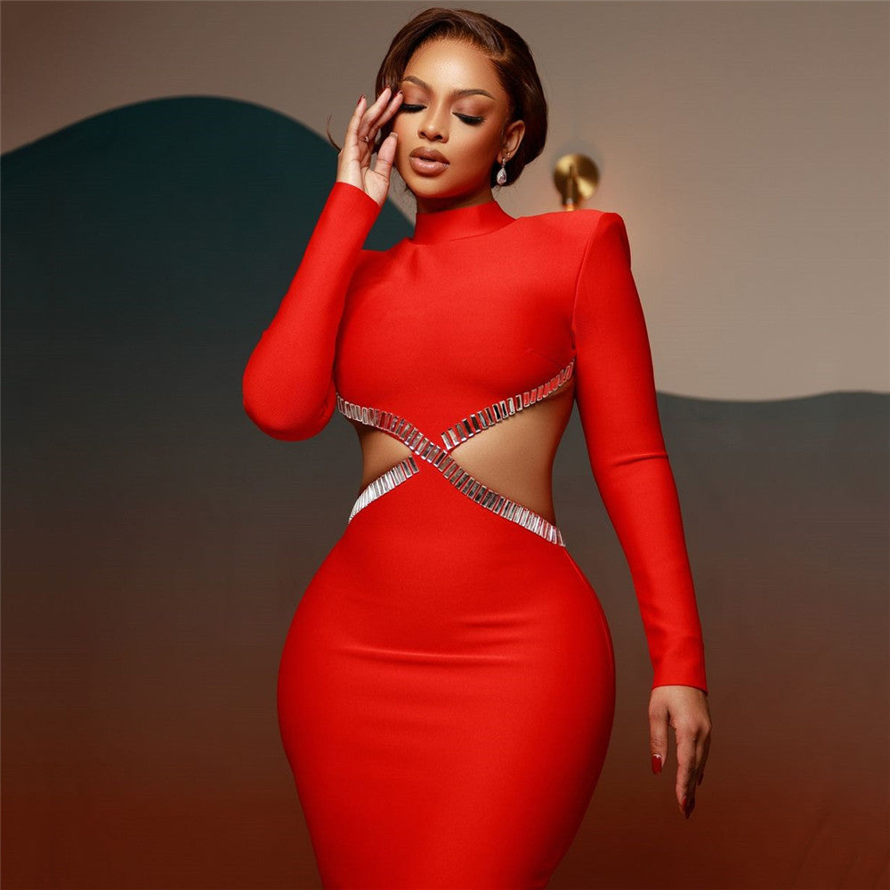 Rhinestone Cutout Bandage Dress: Long Sleeve Hollow-Out Bodycon