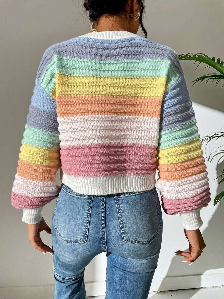 Cropped Striped Lantern Sleeve Sweater