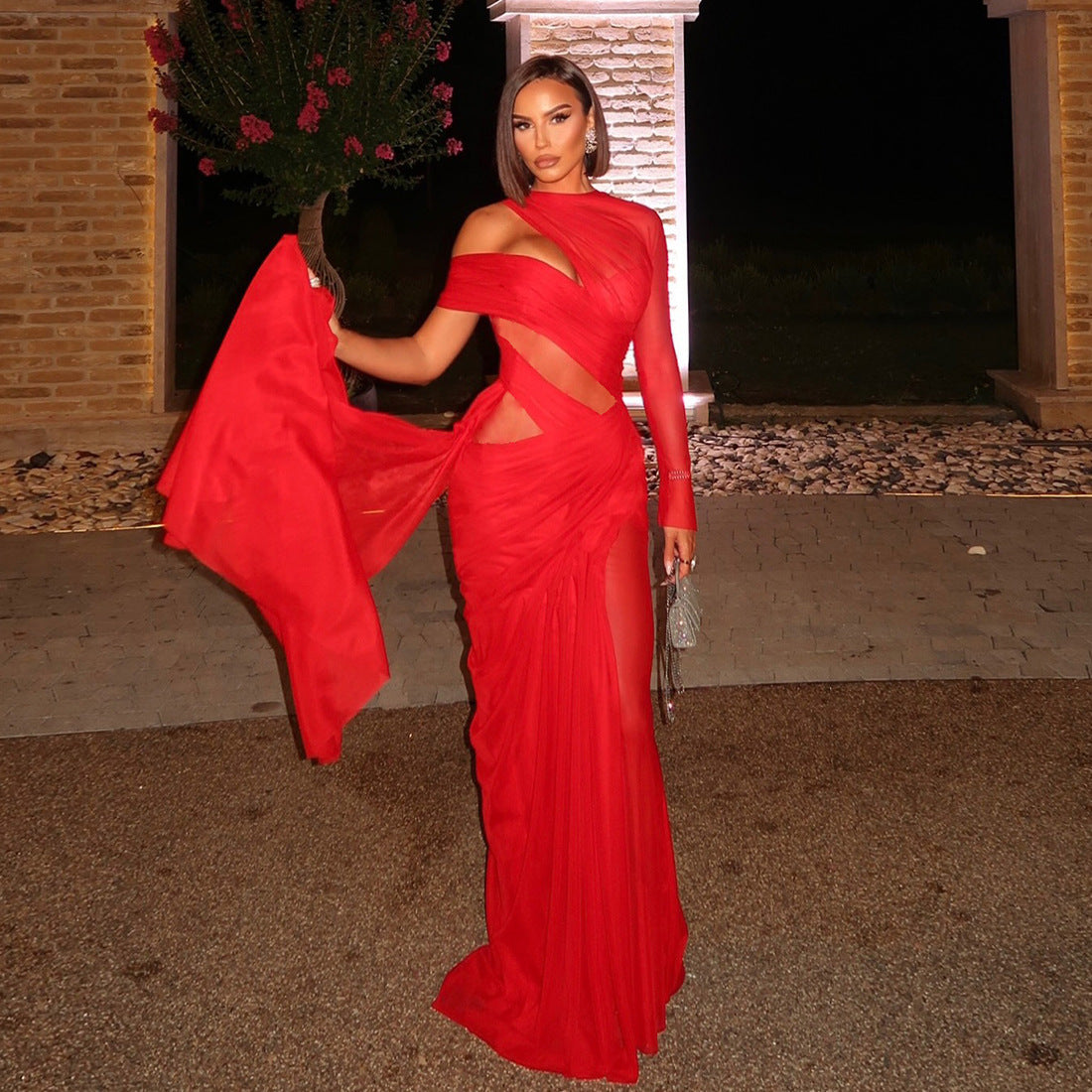 ✨ Seraphina Lace Cutout Asymmetric Maxi Dress