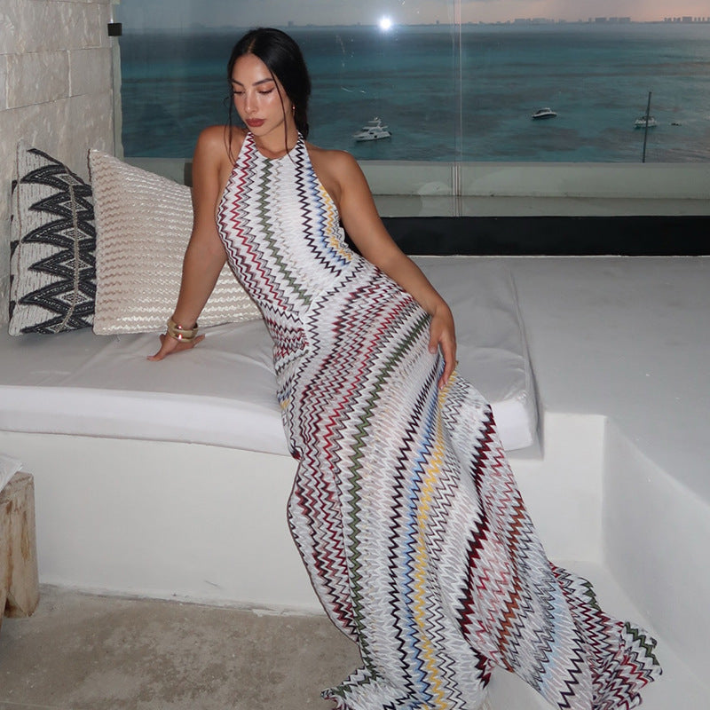 White Chevron Halter Backless Maxi Dress - Ruched Split Floor-Length Bodycon Formal Dress