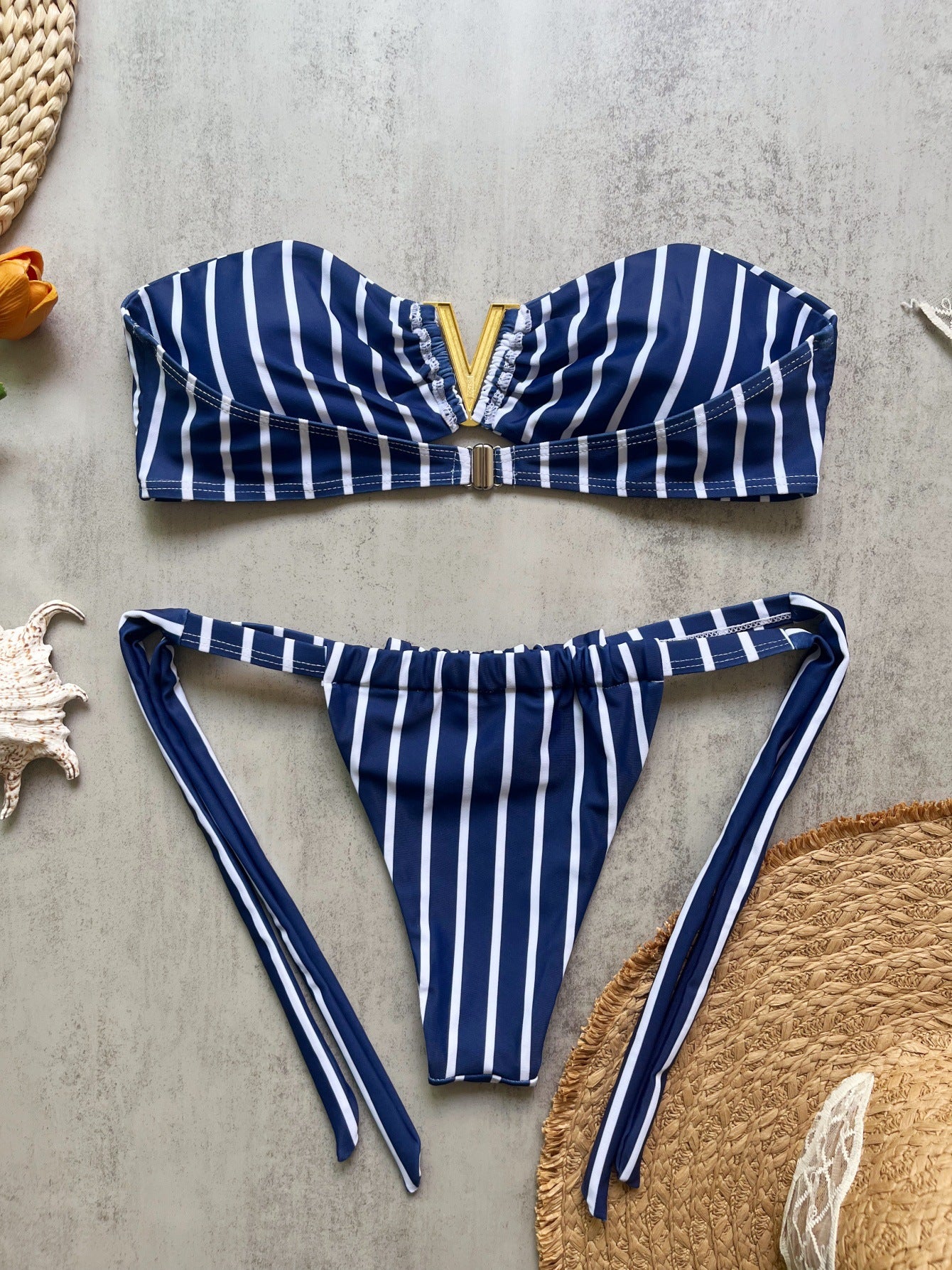 Striped Strapless Ruched Tie Bikini Set | Boho Beach Swimsuit | 3 Colors | Sizes S-L