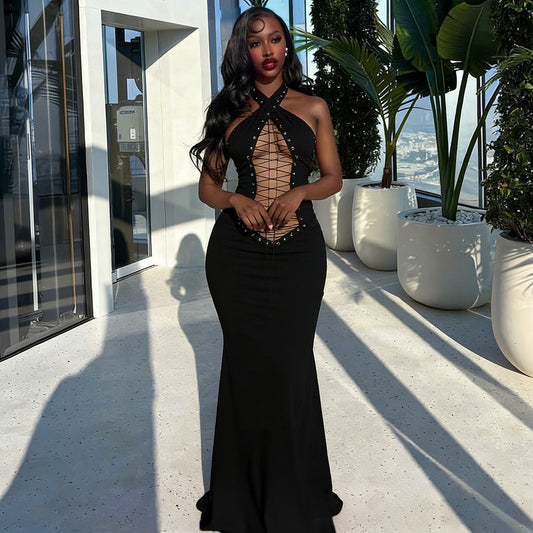 Black Halter Lace-Up Cutout Backless Maxi Dress - Cross Strap Bodycon Formal Dress