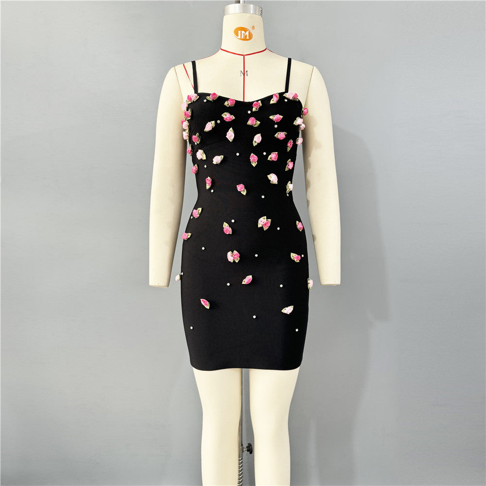 Black Rhinestone Bandage Mini Dress: Floral Embellished Bodycon Sling