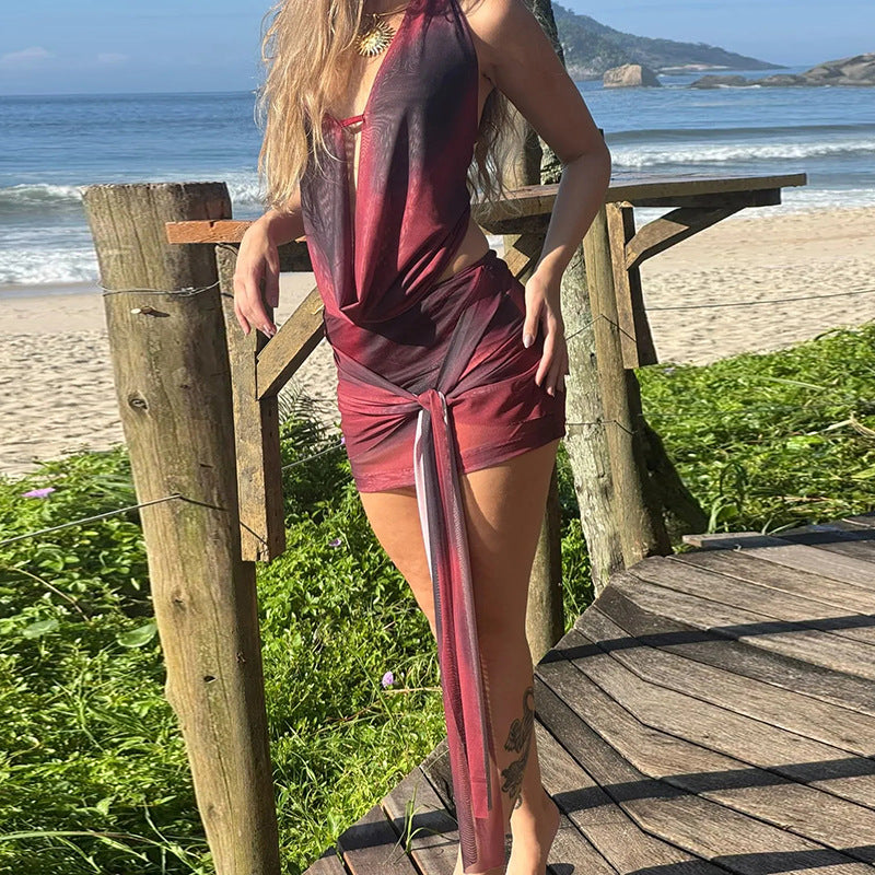Backless Cowl Neck Top & Short Skirt Two-Piece Set | Cutout Tie Vacation Set | 3 Colors