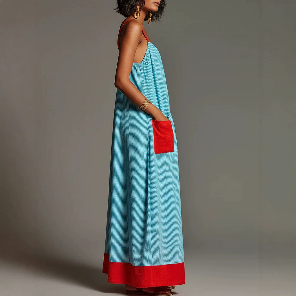 Women's Striped Maxi Dress – Boho Spaghetti Strap A-Line Vacation Dress