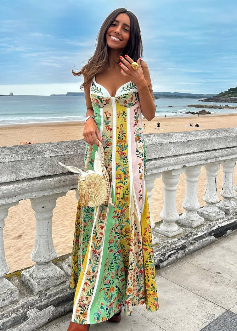 Floral Linen Maxi Dress - Suspender Strap V-Neck Vacation Dress