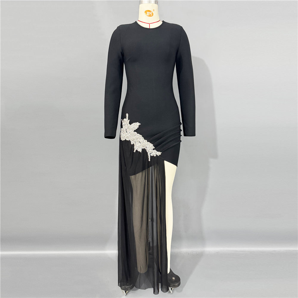 'Diamond' Black Mesh Panel Bodycon Dress: Long Sleeve Sheath