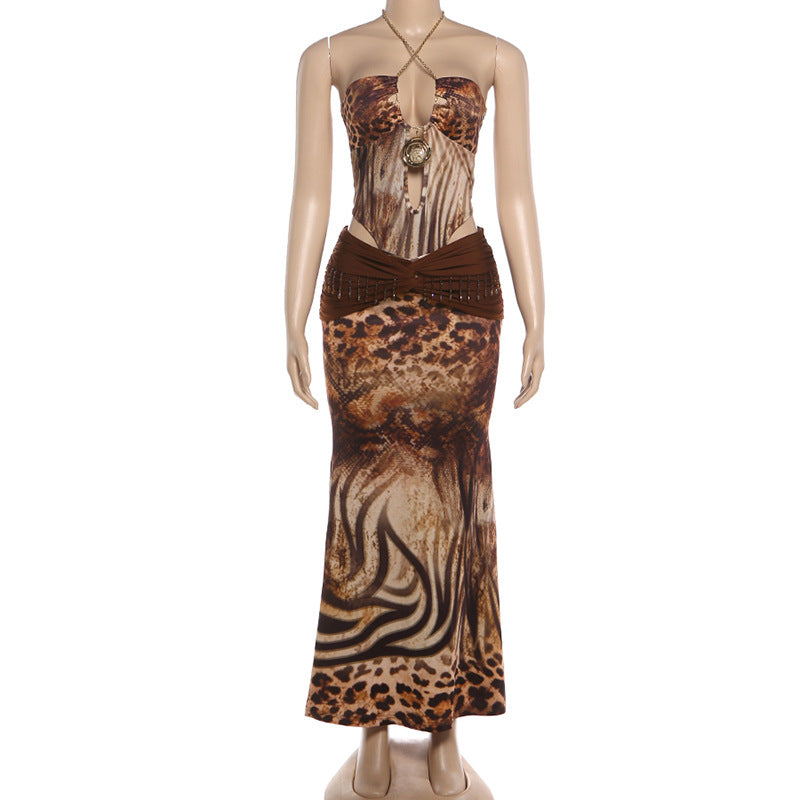 Brown Animal Print Chain Halter Bodysuit & Maxi Skirt Set - Twisted Ruched Fringe Cutout 2-Piece Set