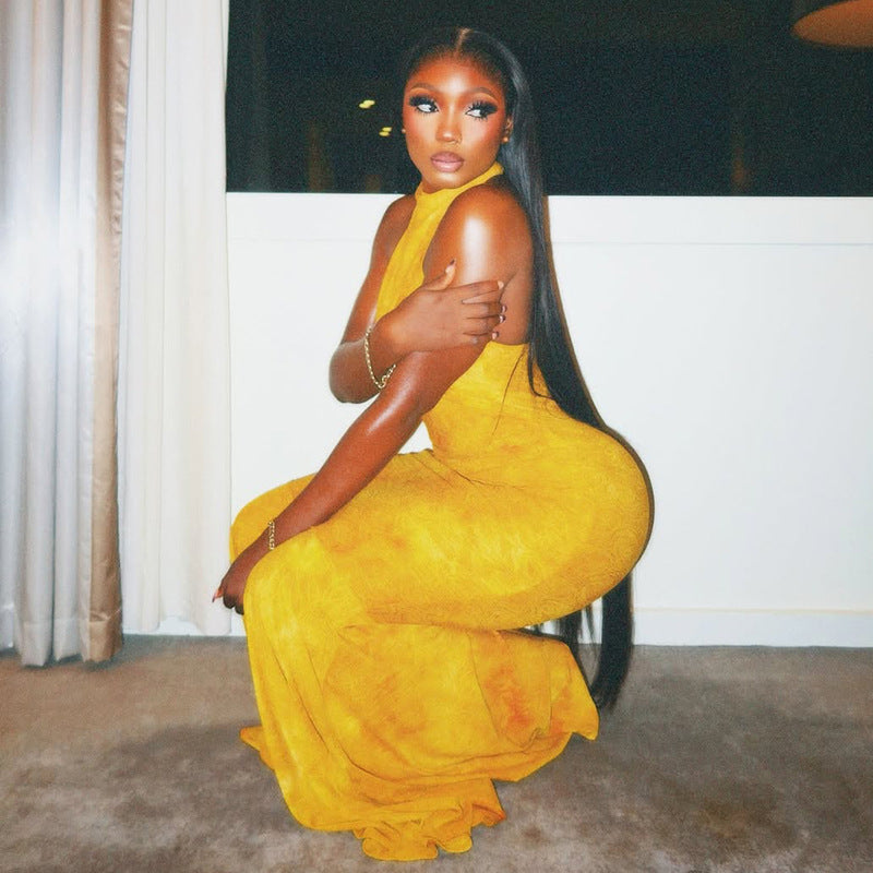 Yellow Backless Turtleneck Fishtail Dress: Slim Fit Sheath Maxi Gown