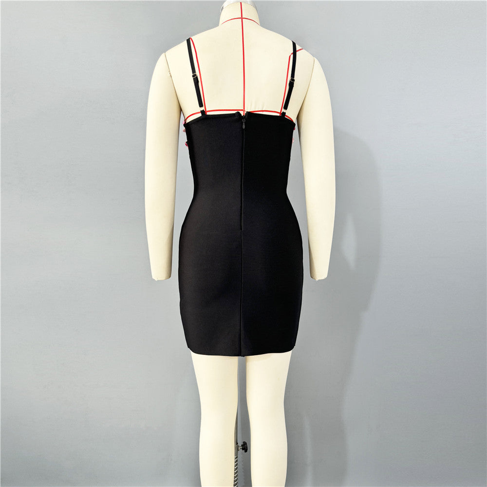 Black Rhinestone Bandage Mini Dress: Floral Embellished Bodycon Sling