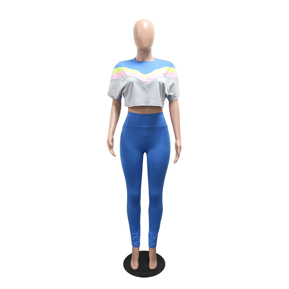 Women's Color Block Two-Piece Set – Crew Neck Top & High Waist Pants