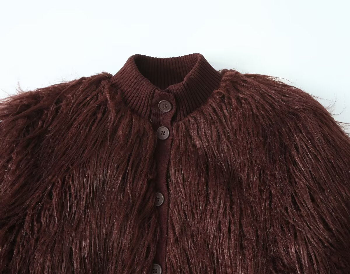 Burgundy Faux Fur Knit Coat: Retro Look Teddy Bear Sweater Jacket
