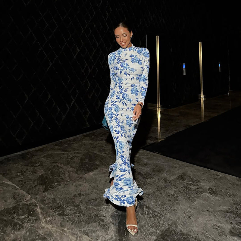 Blue & White Printed Fishtail Dress: Half Turtleneck Long Sleeve Maxi