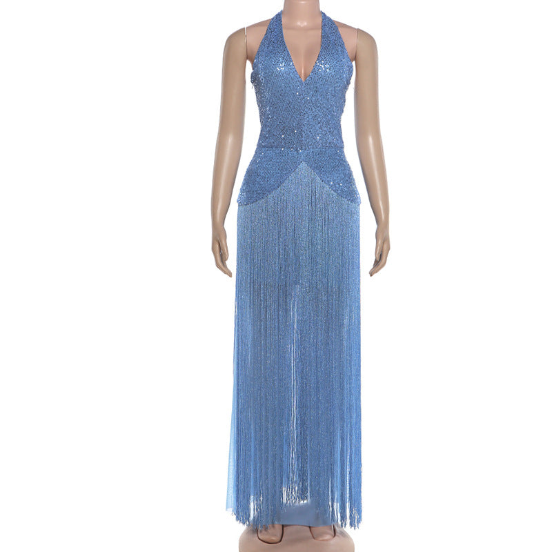 Women's Sequin Fringe Halter Maxi Dress – Sexy Backless Bodycon Formal Dress