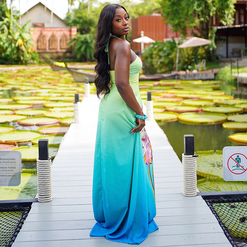 Turquoise Floral Ombre Halter Maxi Dress - Ruched Cutout A-Line Dress