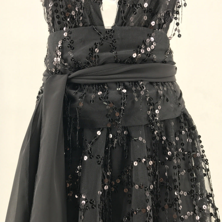 Women's Sequin Tassel Halter Backless Beach Mini Dress